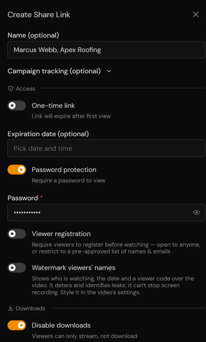 Creating a share link in vitelnk for one client, with password protection on and downloads turned off
