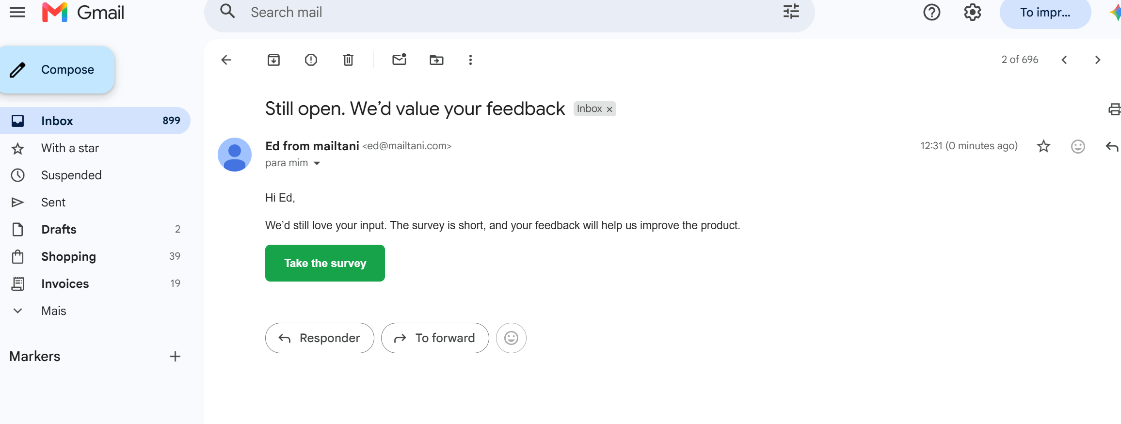Survey follow-up email 1 in Gmail: "Still open. We'd value your feedback" with a Take the survey button