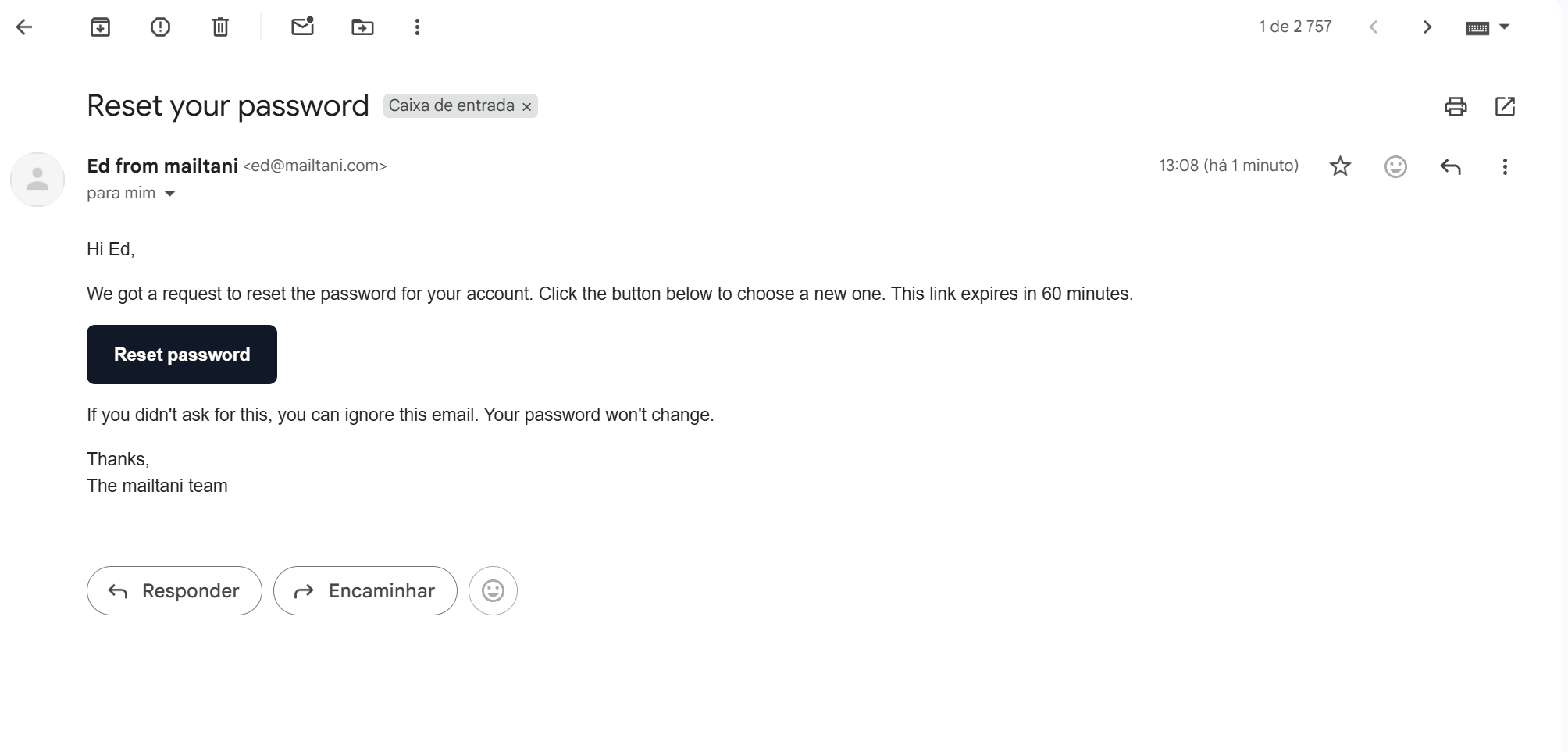 A transactional password reset email sent from mailtani, shown in the Gmail inbox
