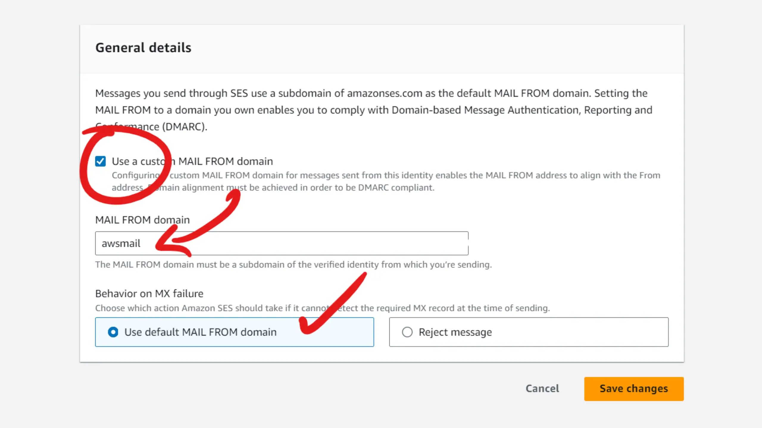 Amazon SES console: Use a custom MAIL FROM domain checked, with the MAIL FROM subdomain set so SPF is checked on that subdomain
