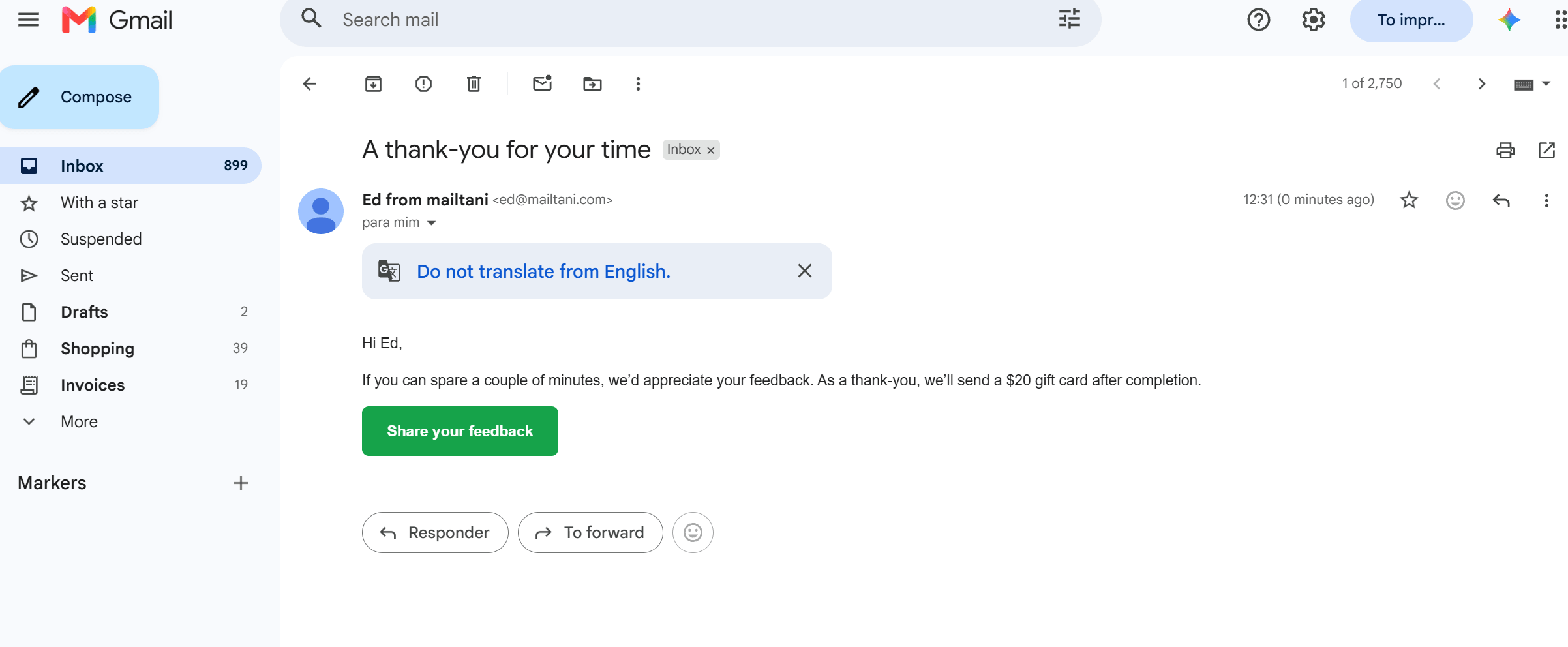 Survey follow-up email 2 in Gmail: "A thank-you for your time" offering a $20 gift card for completing the survey