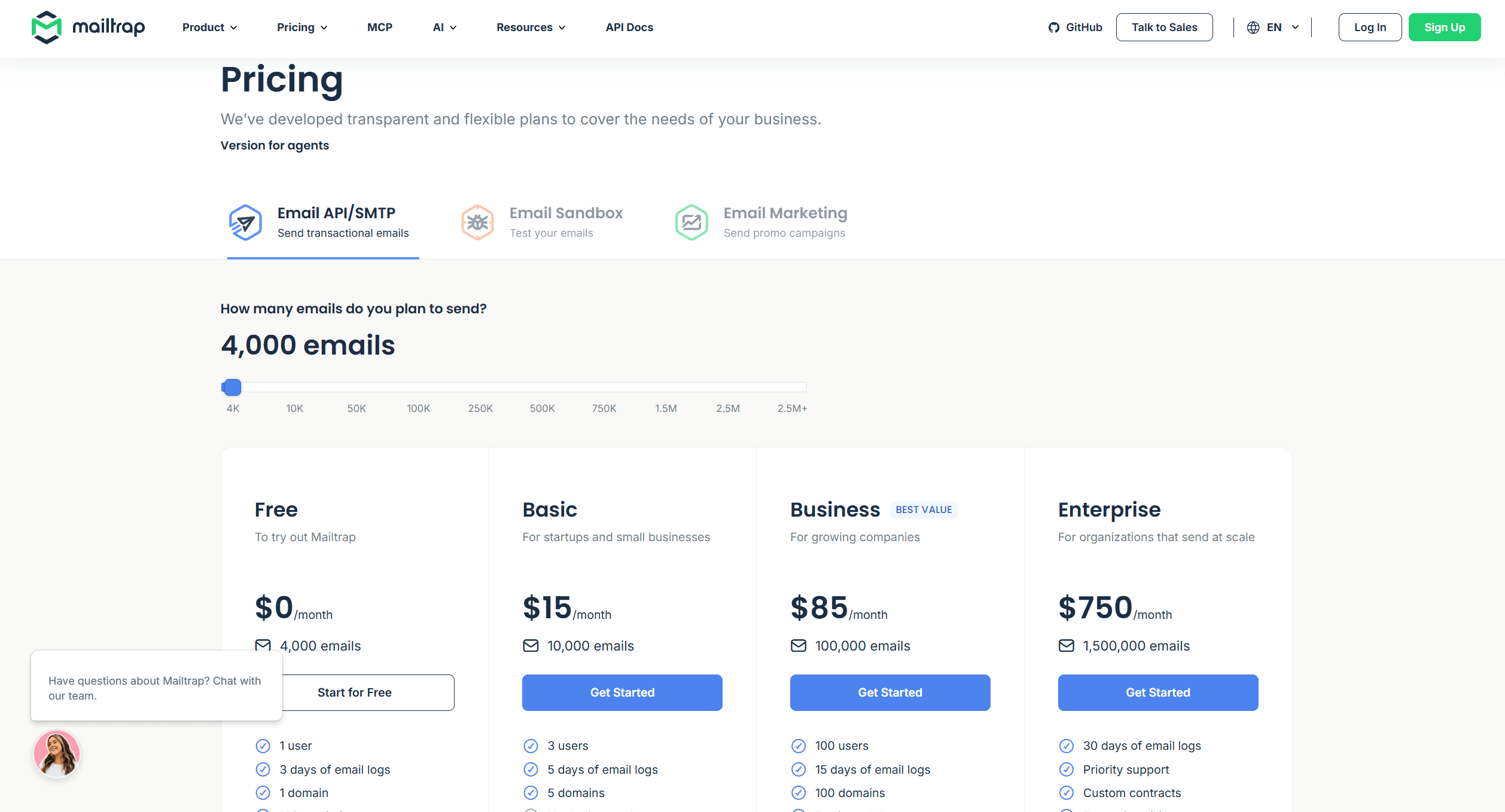 Mailtrap Email API/SMTP pricing: Free 4,000 emails, Basic $15 for 10,000, Business $85 for 100,000, Enterprise $750 for 1.5M