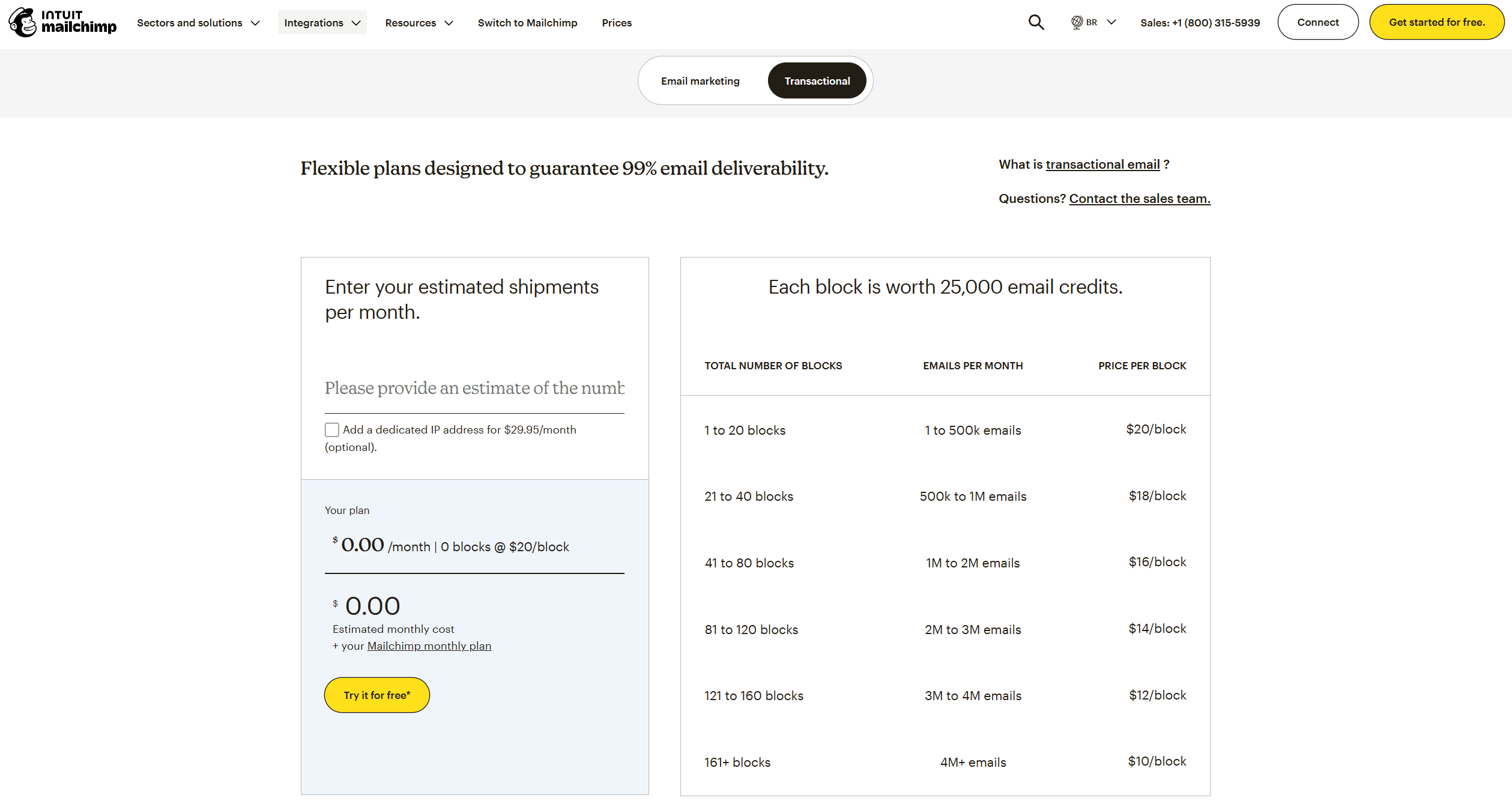 Mailchimp Transactional (Mandrill) pricing: blocks of 25,000 emails from $20 per block, optional dedicated IP for $29.95/month
