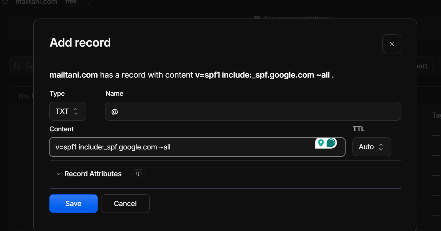Adding an SPF record in Cloudflare DNS: type TXT, name @, content v=spf1 include:_spf.google.com ~all