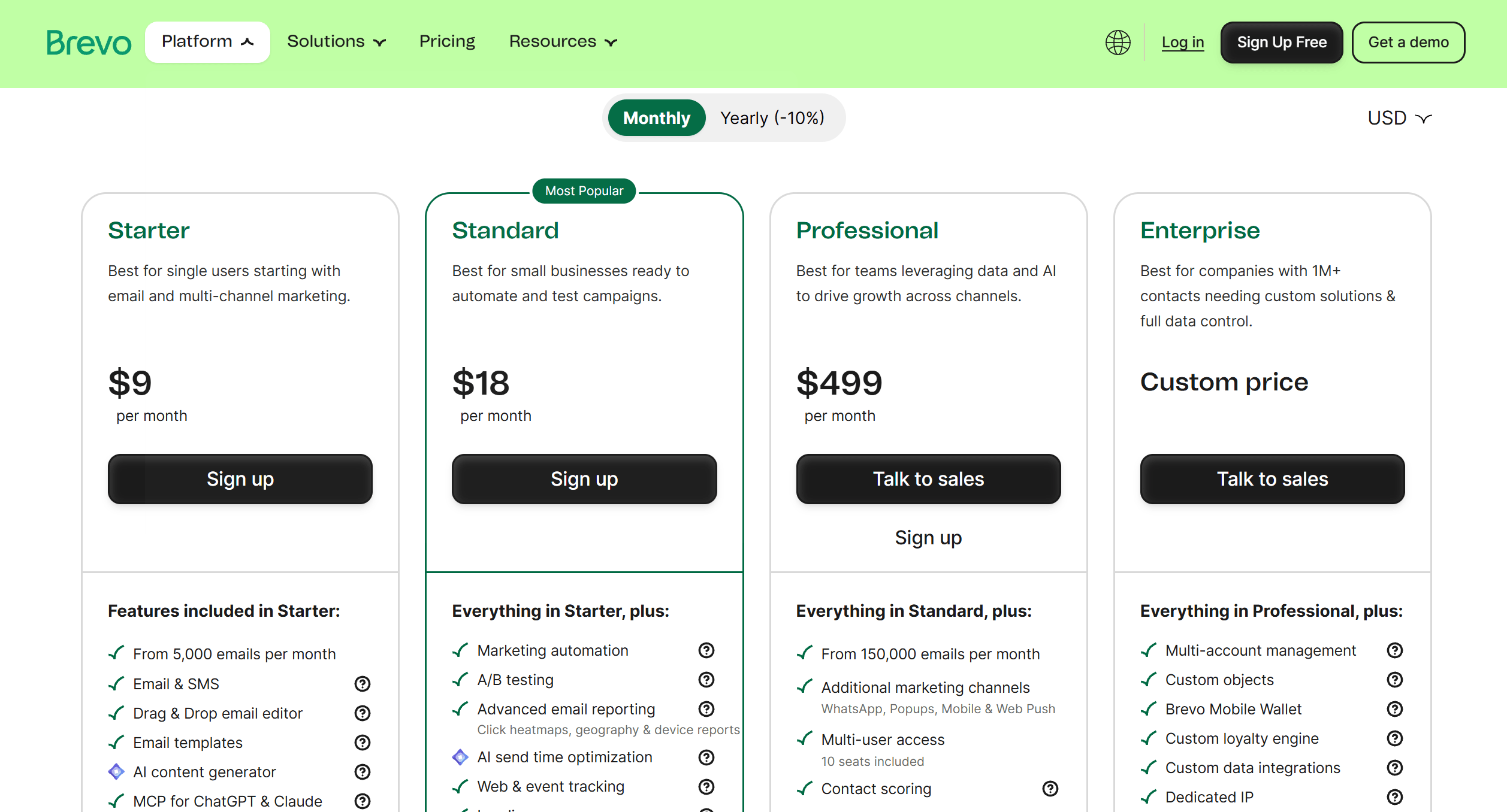 Brevo pricing plans: Starter $9, Standard $18, Professional $499 per month, Enterprise custom price