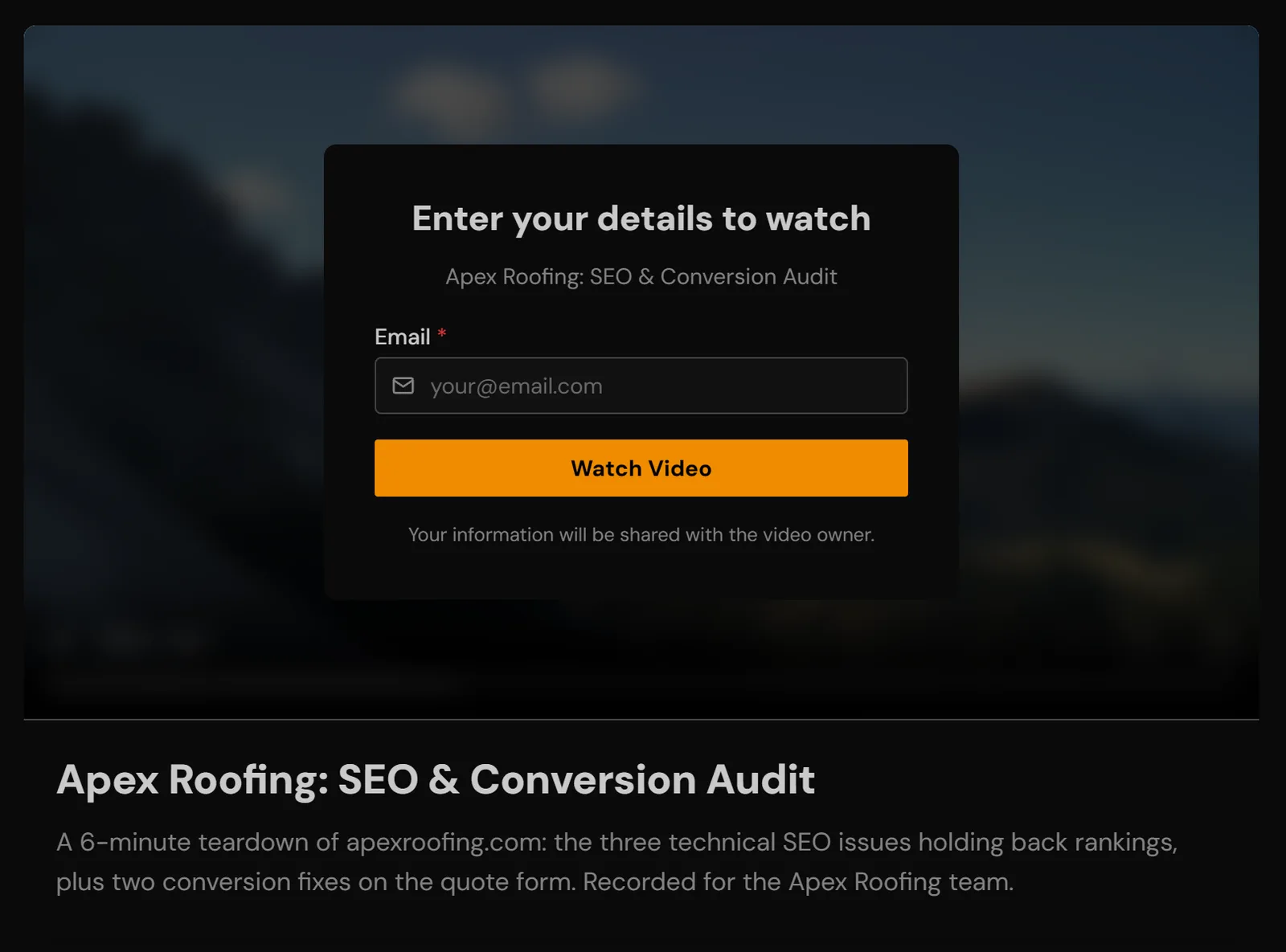 A vitelnk share page asking the viewer for their email before the video plays