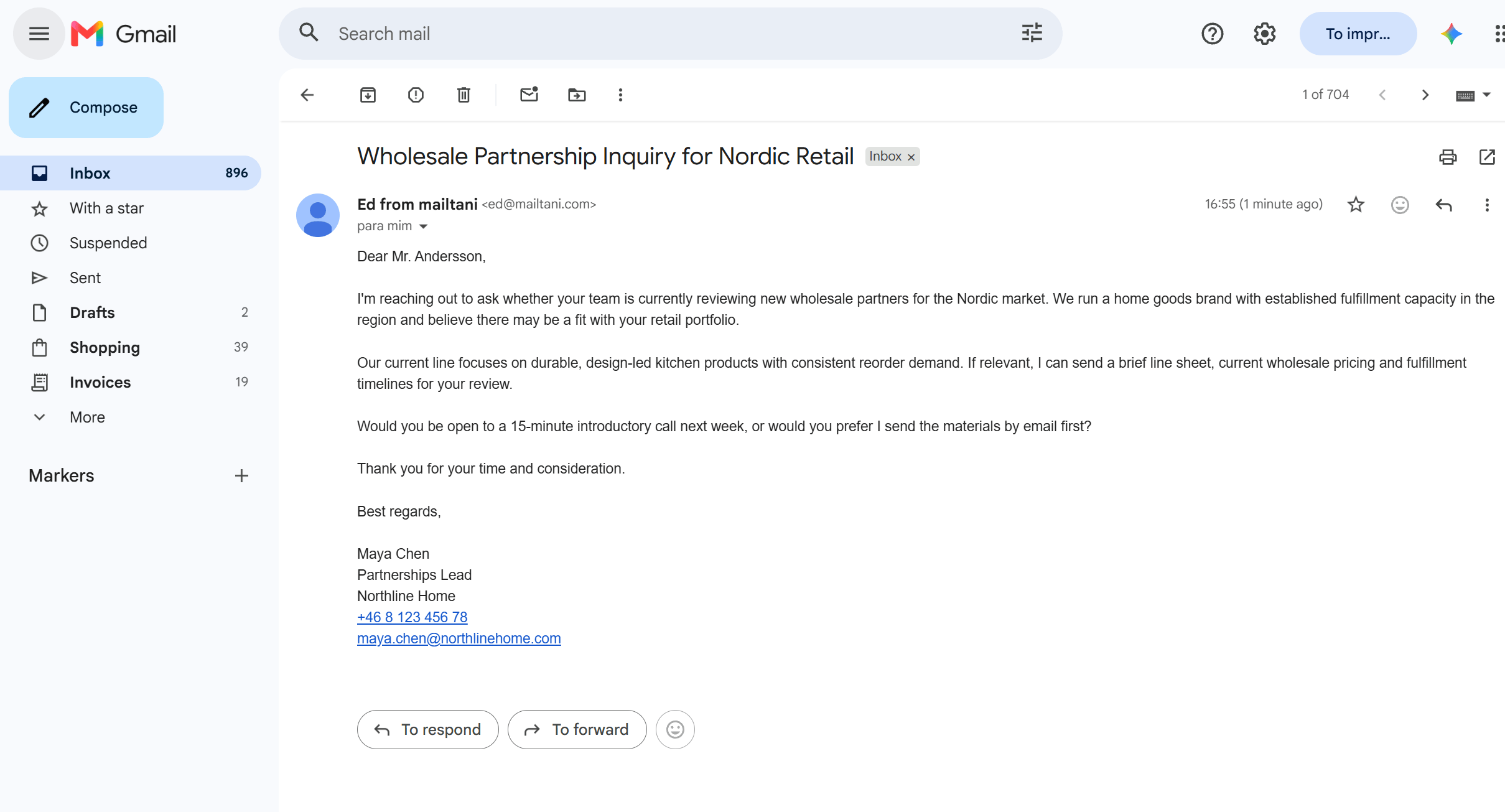 A formal business inquiry email open in Gmail: subject line, Dear Mr. Andersson salutation, purpose-first opening, body, one clear question, Best regards sign-off and full signature