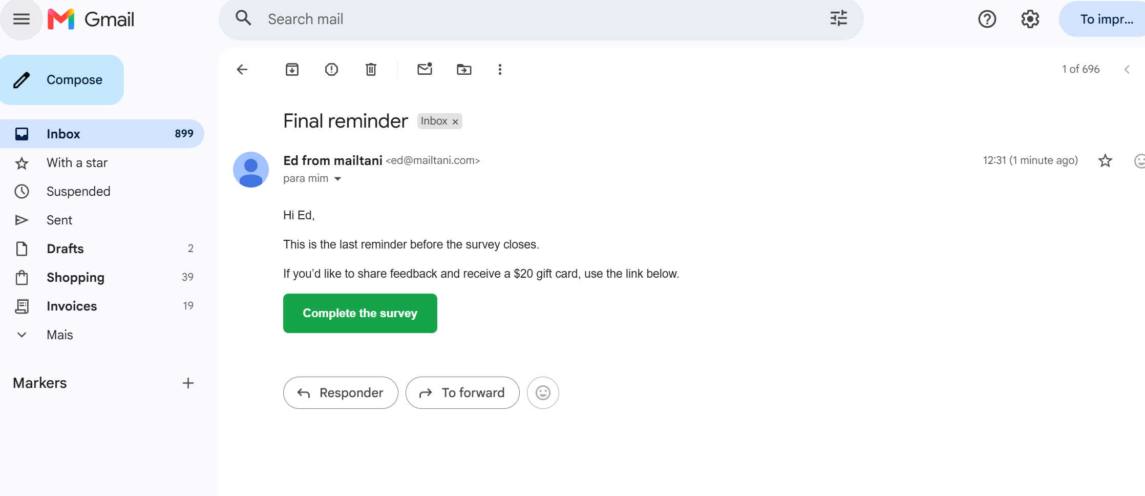 Survey follow-up email 3 in Gmail: "Final reminder" before the survey closes, with a Complete the survey button