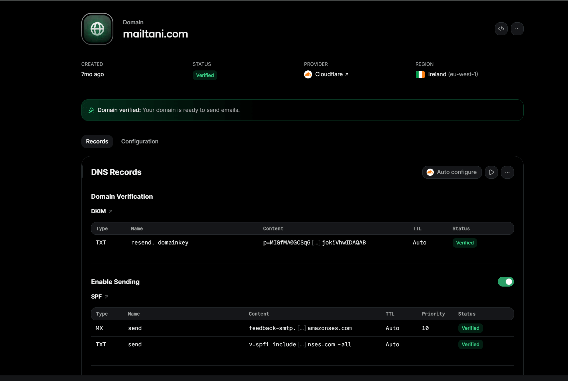 Resend DNS records for mailtani.com: the SPF TXT record v=spf1 include:amazonses.com ~all and an MX record on the send subdomain