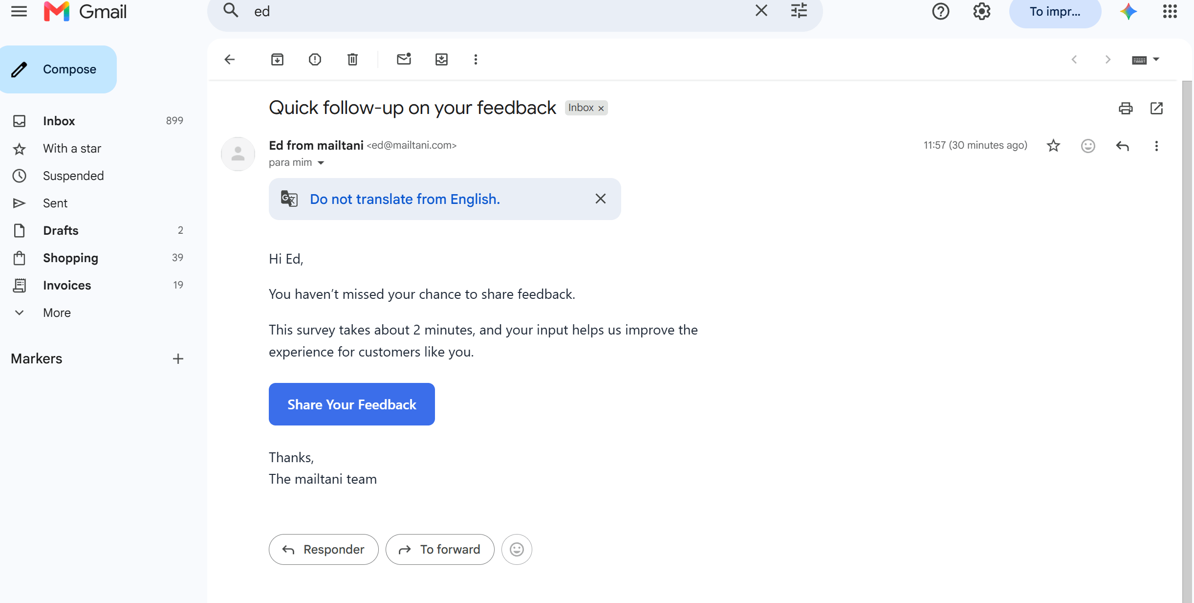 Survey reminder email template 1 in Gmail: "Quick follow-up on your feedback" with a single Share Your Feedback button