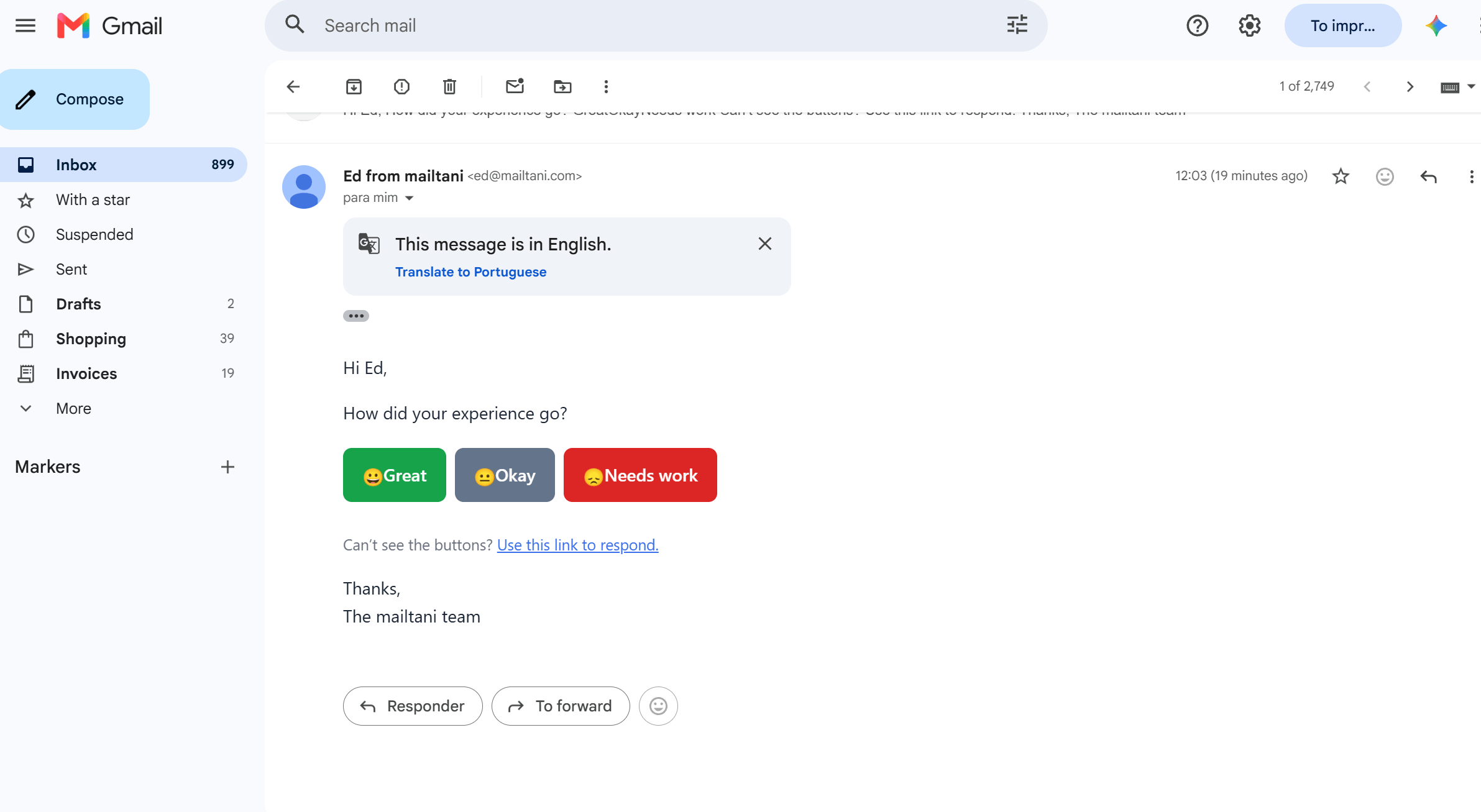 Survey reminder email template 5 in Gmail: "Quick question" with Great, Okay and Needs work emoji buttons